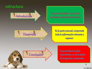 estructura
6
Se exponen el objeto de estudio,
sus límites, importanciadel tema.
Es la parteesencial, comprende
todala información relevantea
exponer.
Se generaliza las ideas
importantes, se da la sesión
de preguntas y respuestas.
Introducción
Desarrollo
Conclusión
 