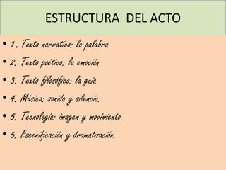 ESTRUCTURA DEL ACTO
•   1. Texto narrativo: la palabra
•   2. Texto poético: la emoción
•   3. Texto filosófico: la guía
•   4. Música: sonido y silencio.
•   5. Tecnología: imagen y movimiento.
•   6. Escenificación y dramatización.
 
