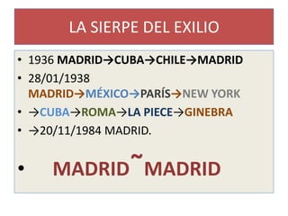 LA SIERPE DEL EXILIO
• 1936 MADRID→CUBA→CHILE→MADRID
• 28/01/1938
  MADRID→MÉXICO→PARÍS→NEW YORK
• →CUBA→ROMA→LA PIECE→GINEBRA
• →20/11/1984 MADRID.


•   MADRID˜MADRID
 