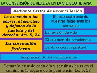 LA CONVERSIÓN SE REALIZA EN LA VIDA COTIDIANA
La atención a los
pobres, el ejercicio
y defensa de la
justicia y del
derecho. Am. 5, 24
La corrección
fraterna
El reconocimiento de
nuestras faltas ante los
hermanos.
La revisión de vida
El examen de conciencia
Mediante Gestos de Reconciliación
La dirección espiritual
Aceptación de los sufrimientos
Tomar la cruz de cada día y seguir a Jesús en el
camino más seguro de la penitencia. Lc. 9, 23
 