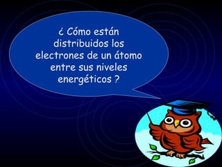 ¿ Cómo están
    distribuidos los
electrones de un átomo
   entre sus niveles
     energéticos ?
 