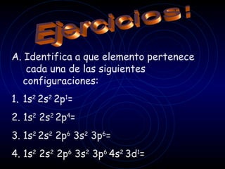 A. Identifica a que elemento pertenece
   cada una de las siguientes
  configuraciones:
1. 1s2 2s2 2p1=
2. 1s2 2s2 2p4=
3. 1s2 2s2 2p6 3s2 3p6=
4. 1s2 2s2 2p6 3s2 3p6 4s2 3d1=
 