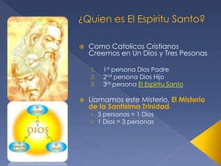 

Como Catolicos Cristianos
Creemos en Un Dios y Tres Pesonas
1.
2.
3.



1st persona Dios Padre
2nd persona Dios Hijo
3rd persona El Espiritu Santo

Llamamos este Misterio, El Misterio
de la Santisima Trinidad
› 3 personas = 1 Dios
› 1 Dios = 3 personas

 