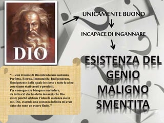 DIO
UNICAMENTEBUONO
INCAPACE DI INGANNARE
“… con il nome di Dio intendo una sostanza
Perfetta, Eterna, Immutabile, Indipendente,
Onnipotente dalla quale io stesso e tutte le altre
cose siamo stati creati e prodotti.
Per conseguenza bisogna concludere,
da tutto ciò che ho detto innanzi, che Dio
esiste poiché sebbene l’idea di sostanza sia in
me, Dio, essendo una sostanza infinita mi creò
dato che sono un essere finito.”
 