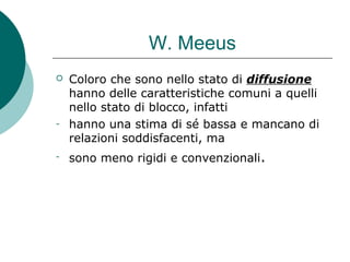 W. Meeus
 Coloro che sono nello stato di diffusione
hanno delle caratteristiche comuni a quelli
nello stato di blocco, infatti
- hanno una stima di sé bassa e mancano di
relazioni soddisfacenti, ma
- sono meno rigidi e convenzionali.
 