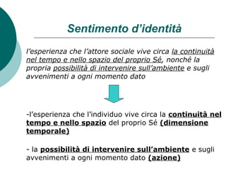 Sentimento d’identità
l’esperienza che l’attore sociale vive circa la continuità
nel tempo e nello spazio del proprio Sé, nonché la
propria possibilità di intervenire sull’ambiente e sugli
avvenimenti a ogni momento dato
-l’esperienza che l’individuo vive circa la continuità nel
tempo e nello spazio del proprio Sé (dimensione
temporale)
- la possibilità di intervenire sull’ambiente e sugli
avvenimenti a ogni momento dato (azione)
 