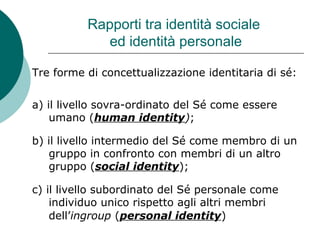 Rapporti tra identità sociale
ed identità personale
Tre forme di concettualizzazione identitaria di sé:
a) il livello sovra-ordinato del Sé come essere
umano (human identity);
b) il livello intermedio del Sé come membro di un
gruppo in confronto con membri di un altro
gruppo (social identity);
c) il livello subordinato del Sé personale come
individuo unico rispetto agli altri membri
dell’ingroup (personal identity)
 