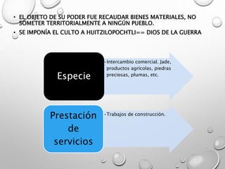 • EL OBJETO DE SU PODER FUE RECAUDAR BIENES MATERIALES, NO
SOMETER TERRITORIALMENTE A NINGÚN PUEBLO.
• SE IMPONÍA EL CULTO A HUITZILOPOCHTLI== DIOS DE LA GUERRA
•Intercambio comercial. Jade,
productos agrícolas, piedras
preciosas, plumas, etc.
Especie
•Trabajos de construcción.
Prestación
de
servicios
 