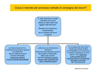 Cosa si intende per processo verbale di consegna dei lavori?


                                        E’ l’atto attraverso il quale
                                           il Direttore dei Lavori
                                        attesta lo stato delle aree
                                         oggetto dell’intervento.

                                         Riveste una importanza
                                               fondamentale
                                         per lo sviluppo dei lavori
                                                 in quanto:




                                                                                 “La consegna dei lavori deve
     con tale procedura il D.L..        costituisce una dichiarazione
                                                                                  risultare da verbale redatto
è chiamato ad accertare l’assenza                  ufficiale di
                                                                             in contraddittorio con l’esecutore;
           di impedimenti            conformità dei luoghi alle previsioni
                                                                              il verbale è predisposto ai sensi
     all’avvio delle lavorazioni         del progetto e dell’appalto,
                                                                                    dell’art. 154 e dalla data
        previste nell’appalto,               dalla quale possono
                                                                                     di tale verbale decorre
       costituendo pertanto             dipendere rilevanti e pesanti
                                                                             il termine utile per il compimento
 un atto di grande responsabilità.      sviluppi nella conduzione dei
                                                                                     dell’opera o dei lavori.
                                           lavori. (eventuali riserve)
                                                                                       (art. 153 comma 6).


                                                                                         alessandro trevisanello
 