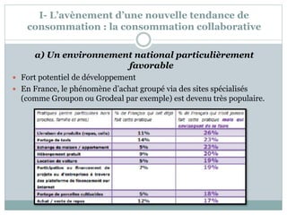 I- L’avènement d’une nouvelle tendance de
consommation : la consommation collaborative
a) Un environnement national particulièrement
favorable
 Fort potentiel de développement
 En France, le phénomène d’achat groupé via des sites spécialisés
(comme Groupon ou Grodeal par exemple) est devenu très populaire.
 