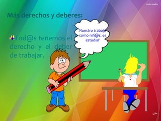 Más derechos y deberes:
Tod@s tenemos el
derecho y el deber
de trabajar.

Nuestro trabajo
como niñ@s, es
estudiar

 