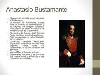 Anastasio Bustamante
• El congreso aprueba en el ejecutivo
a Bustamante.
• El ministro de Relaciones, Lucas
Alamán, dominó la administración y
se empeño en arreglar hacienda,
reestablecer el orden e impulsar la
modernización de la economía.
• El ministro de Guerra, José Antonio
Facio, persigue a radicales rebeldes.
Esto desprestigia la administración
de los estados.
• 02/01/1832 Veracruz: Revolución
importante: mueren los militares más
capaces;
Santa
Anna
VS
Bustamante: la razón, dimisión del
gabinete.
• Manual Mier y Terán se suicida.
• Bustamante renuncia y se suscribe
con Santa Anna y Predraza a los
Convenios de Zavaleta.

 