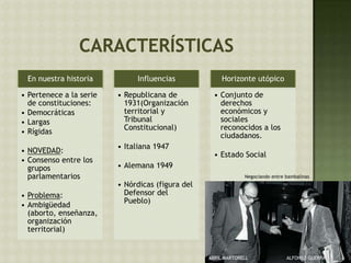 En nuestra historia
• Pertenece a la serie
de constituciones:
• Democráticas
• Largas
• Rígidas
• NOVEDAD:
• Consenso entre los
grupos
parlamentarios
• Problema:
• Ambigüedad
(aborto, enseñanza,
organización
territorial)
Influencias
• Republicana de
1931(Organización
territorial y
Tribunal
Constitucional)
• Italiana 1947
• Alemana 1949
• Nórdicas (figura del
Defensor del
Pueblo)
Horizonte utópico
• Conjunto de
derechos
económicos y
sociales
reconocidos a los
ciudadanos.
• Estado Social
Negociando entre bambalinas
ABRIL MARTORELL ALFONSO GUERRA
 