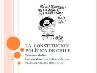 LA  CONSTITUCIÓN POLÍTICA DE CHILE Primeros Medios  Colegio Metodista Robert Johnson Profesora Claudia Olate Bello. 
