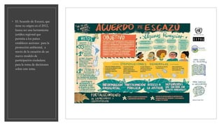 ◦ El Acuerdo de Escazú, que
tiene su origen en el 2012,
busca ser una herramienta
jurídica regional que
permita a los países
establecer acciones para la
protección ambiental, a
través de la creación de un
nuevo modelo de
participación ciudadana
para la toma de decisiones
sobre este tema.
 