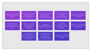 Artículo 67 (la educación
para la protección del
ambiente),
Artículo 78 (regulación de
la producción y
comercialización de bienes
y servicios),
Artículo 79 (derecho a un
ambiente sano y
participación en las
decisiones ambientales),
Artículo 80 (planificación
del manejo y
aprovechamiento de los
recursos naturales),
Artículo 81 (prohibición de
armas químicas, biológicas
y nucleares),
Artículo 82 (deber de
proteger los recursos
culturales y naturales del
país),
Artículo 215 (emergencia
por perturbación o
amenaza del orden
ecológico),
Artículo 226
(internacionalización de las
relaciones ecológicas,
Artículo 268-7
(fiscalización de los
recursos naturales y del
ambiente),
Artículo 277-4 (defensa del
ambiente como función del
Procurador),
Artículo 282-5 (el
Defensor del Pueblo y las
acciones populares como
mecanismo de protección
del ambiente),
Artículo 289 (programas
de cooperación e
integración en zonas
fronterizas para la
preservación del ambiente),
Artículo 300-2 (Asambleas
Departamentales y medio
ambiente),
 