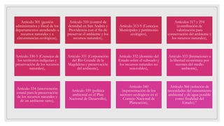 Artículo 301 (gestión
administrativa y fiscal de los
departamentos atendiendo a
recursos naturales y a
circunstancias ecológicas),
Artículo 310 (control de
densidad en San Andrés y
Providencia con el fin de
preservar el ambiente y los
recursos naturales),
Artículo 313-9 (Concejos
Municipales y patrimonio
ecológico),
Artículos 317 y 294
(contribución de
valorización para
conservación del ambiente y
los recursos naturales),
Artículo 330-5 (Consejos de
los territorios indígenas y
preservación de los recursos
naturales),
Artículo 331 (Corporación
del Río Grande de la
Magdalena y preservación
del ambiente),
Artículo 332 (dominio del
Estado sobre el subsuelo y
los recursos naturales no
renovables),
Artículo 333 (limitaciones a
la libertad económica por
razones del medio
ambiente),
Artículo 334 (intervención
estatal para la preservación
de los recursos naturales y
de un ambiente sano),
Artículo 339 (política
ambiental en el Plan
Nacional de Desarrollo),
Artículo 340
(representación de los
sectores ecológicos en el
Consejo Nacional de
Planeación),
Artículo 366 (solución de
necesidades del saneamiento
ambiental y de agua potable
como finalidad del
Estado).”
 