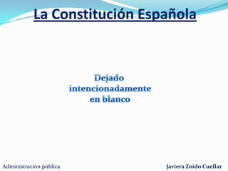 La Constitución EspañolaTitulo IX: Del Tribunal ConstitucionalArtículos 159 al 165Órgano del Estado encargado de velar por el cumplimiento de la ConstituciónLa sentencias son inapelablesDoce miembros (4 por el congreso, 4 por el senado, 2 por el gobierno y 2 por el Consejo General del Poder Judicial)Sus miembros son Juristas con mas de 15 años de ejercicioDesignados por 9 años se renuevan 3 cada 3 años.Recurso de inconstitucionalidadSu objeto es que el tribunal se pronuncia sobre la constitucionalidad de una ley. Lo interpone el presidente del Gobierno, Defensor del pueblo, 50 diputados, 50 senadores, Gobiernos de comunidades autonómicas y Asambleas legislativas de Comunidades autonómicasRecurso de amparoLo interpone cualquier persona, natural o jurídica, Defensor del pueblo o el Ministerio FiscalAdministración públicaJaviera Zoido Cuellar