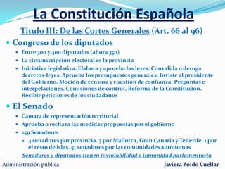 La Constitución EspañolaTitulo I: De los Derechos y Deberes fundamentalesDerechos fundamentales y libertades publicas (Artículos 10 al 55)A la vida. A la Igualdad. A la libertad ideológica. Libertad de expresión. A la educación. Libertad de enseñanza. Libertad de residencia y circulación. Inviolabilidad del domicilio…..Derechos personalesDe reunión y manifestación. De asociación. De constitución de partidos políticos. Libertad de sindicación. De  huelga. De cierre patronal. De petición. A un medio ambiente adecuado. A participar en asuntos públicosDerechos políticosy socialesServicio militar  y objeción de conciencia. Sostenimie-todel gasto público. Derecho a contraer matrimonio. Derecho a la propiedad privada. Derecho y deber de trabajar. Derecho a la negociación colectiva. Libertad de empresa. Colegios profesionales Derechos y deberes de Los ciudadanosEl defensor del pueblo (defensa de los derechos fundamentales)Administración públicaJaviera Zoido Cuellar