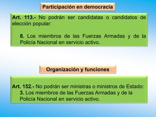 Participación en democracia
Art. 113.- No podrán ser candidatas o candidatos de
elección popular:
8. Los miembros de las Fuerzas Armadas y de la
Policía Nacional en servicio activo.
Organización y funciones
Art. 152.- No podrán ser ministras o ministros de Estado:
3. Los miembros de las Fuerzas Armadas y de la
Policía Nacional en servicio activo.
 