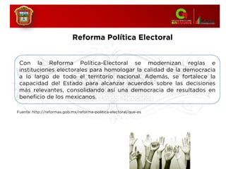 Reforma Política Electoral
Con la Reforma Política-Electoral se modernizan reglas e
instituciones electorales para homologar la calidad de la democracia
a lo largo de todo el territorio nacional. Además, se fortalece la
capacidad del Estado para alcanzar acuerdos sobre las decisiones
más relevantes, consolidando así una democracia de resultados en
beneficio de los mexicanos.
Fuente: http://reformas.gob.mx/reforma-politica-electoral/que-es
 