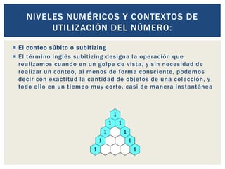  El conteo súbito o subitizing
 El término inglés subitizing designa la operación que
realizamos cuando en un golpe de vista, y sin necesidad de
realizar un conteo, al menos de forma consciente, podemos
decir con exactitud la cantidad de objetos de una colección, y
todo ello en un tiempo muy corto, casi de manera instantánea
NIVELES NUMÉRICOS Y CONTEXTOS DE
UTILIZACIÓN DEL NÚMERO:
 