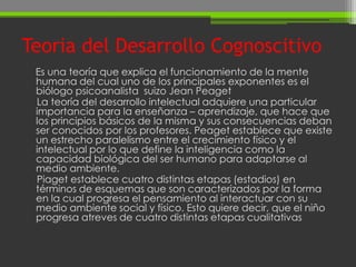 Teoria del Desarrollo Cognoscitivo
 Es una teoría que explica el funcionamiento de la mente
 humana del cual uno de los principales exponentes es el
 biólogo psicoanalista suizo Jean Peaget
 La teoría del desarrollo intelectual adquiere una particular
 importancia para la enseñanza – aprendizaje, que hace que
 los principios básicos de la misma y sus consecuencias deban
 ser conocidos por los profesores. Peaget establece que existe
 un estrecho paralelismo entre el crecimiento físico y el
 intelectual por lo que define la inteligencia como la
 capacidad biológica del ser humano para adaptarse al
 medio ambiente.
 Piaget establece cuatro distintas etapas (estadios) en
 términos de esquemas que son caracterizados por la forma
 en la cual progresa el pensamiento al interactuar con su
 medio ambiente social y físico. Esto quiere decir, que el niño
 progresa atreves de cuatro distintas etapas cualitativas
 