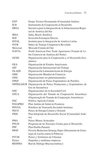 GTP Grupo Técnico Permanente (Comunidad Andina)
ICD Instrumento de Cooperación al Desarrollo
IIRSA Iniciativa para la Integración de la Infraestructura Regio-
nal de América del Sur
IBSA India, Brasil, Suráfrica
IED Inversión Extranjera Directa
INTAL Instituto para la Integración de América Latina
IVCR Índice de Ventaja Comparativa Revelada
Mercosur Mercado Común del Sur
NAFTA North American Free Trade Agreement (Tratado de Li-
bre Comercio de América del Norte)
OCDE Organización para la Cooperación y el Desarrollo Eco-
nómico
OEA Organización de Estados Americanos
OIT Organización Internacional del Trabajo
OLADE Organización Latinoamericana de Energía
OMC Organización Mundial de Comercio
ONG Organizaciones no gubernamentales
OPEP Organización de Países Exportadores de Petróleo
OPPEGASUR Organización de Países Productores y Exportadores de
Gas de Suramérica
OSC Organizaciones de la Sociedad Civil
OTCA Organización del Tratado de Cooperación Amazónica
(Organização do Tratado de Cooperação Amazônica)
PAC Política Agrícola Común
PASAPRO Plan Andino de Salud en Fronteras
PDVSA Petróleos de Venezuela Sociedad Anónima
PECO Países de Europa Central y Oriental
PIDS Plan Integrado de Desarrollo Social (Comunidad Andi-
na)
PMA Países Menos Avanzados
PNUD Programa de las Naciones Unidas para el Desarrollo
PPP Plan Puebla-Panamá
PRSP Poverty Reduction Strategy Paper (Documento de Estra-
tegia de Lucha contra la Pobreza)
PTUM Países y Territorios de Ultramar
Pymes Pequeñas y medianas empresas
REDIMA Red de Diálogo Macroeconómico
Lista de acrónimos 11
 