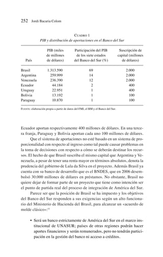 Ecuador aportan respectivamente 400 millones de dólares. En una terce-
ra franja, Paraguay y Bolivia aportan cada uno 100 millones de dólares.
Que el sistema de aportaciones no esté basado en un sistema de pro-
porcionalidad con respecto al ingreso como tal puede causar problemas en
la toma de decisiones con respecto a cómo se deberán destinar los recur-
sos. El hecho de que Brasil suscriba el mismo capital que Argentina y Ve-
nezuela, a pesar de tener una renta mayor en términos absolutos, denota la
prudencia del gobierno de Lula da Silva en el proyecto. Además Brasil ya
cuenta con su banco de desarrollo que es el BNDES, que en 2006 desem-
bolsó 30.000 millones de dólares en préstamos. No obstante, Brasil no
quiere dejar de formar parte de un proyecto que tiene como intención ser
el punto de partida real del proceso de integración de América del Sur.
Parece ser que la posición de Brasil se ha impuesto y los objetivos
del Banco del Sur responden a sus exigencias según un alto funciona-
rio del Ministerio de Hacienda del Brasil, para alcanzar un «acuerdo de
molde clásico»:11
• Será un banco estrictamente de América del Sur en el marco ins-
titucional de UNASUR; países de otras regiones podrán hacer
aportes financieros y serán remunerados, pero no tendrán partici-
pación en la gestión del banco ni acceso a créditos.
252 Jordi Bacaria Colom
CUADRO 1
PIB y distribución de aportaciones en el Banco del Sur
PIB (miles Participación del PIB Suscripción de
de millones de los siete estados capital (millones
País de dólares) del Banco del Sur (%) de dólares)
Brasil 1.313.590 69 2.000
Argentina 259.999 14 2.000
Venezuela 236.390 12 2.000
Ecuador 44.184 2 400
Uruguay 22.951 1 400
Bolivia 13.192 1 100
Paraguay 10.870 1 100
FUENTE: elaboración propia a partir de datos del FMI, el BM y el Banco del Sur.
 