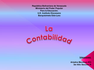 República Bolivariana de Venezuela
Ministerio del Poder Popular
Para la Educación.
U.E. Instituto Diocesano
Barquisimeto Edo-Lara

Integrantes:
Ariadna Mendoza #33
3er Año Sección B

 