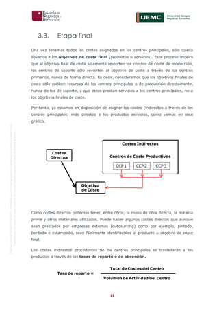 13
OriginaldeENyDBUSINESSSCHOOL.Permitidosuusoenprogramasdepostgradoduranteelpresentecurso.
ProhibidasureproduccióntotaloparcialsinlaautorizaciónexpresadeENyDBUSINESSSCHOOL.
3.3. Etapa final
Una vez tenemos todos los costes asignados en los centros principales, sólo queda
llevarlos a los objetivos de coste final (productos o servicios). Este proceso implica
que al objetivo final de coste solamente revierten los centros de coste de producción,
los centros de soporte sólo revierten al objetivo de coste a través de los centros
primarios, nunca de forma directa. Es decir, consideramos que los objetivos finales de
coste sólo reciben recursos de los centros principales o de producción directamente,
nunca de los de soporte, y que estos prestan servicios a los centros principales, no a
los objetivos finales de coste.
Por tanto, ya estamos en disposición de asignar los costes (indirectos a través de los
centros principales) más directos a los productos servicios, como vemos en este
gráfico.
Como costes directos podemos tener, entre otros, la mano de obra directa, la materia
prima y otros materiales utilizados. Puede haber algunos costes directos que aunque
sean prestados por empresas externas (outosurcing) como por ejemplo, pintado,
bordado o estampado, sean fácilmente identificables al producto u objetivo de coste
final.
Los costes indirectos procedentes de los centros principales se trasladarán a los
productos a través de las tasas de reparto o de absorción.
Costes
Directos
Costes Indirectos
Objetivo
de Coste
Centros de Coste Productivos
CCP 1 CCP 2 CCP 3
Total de Costes del Centro
Volumen de Actividad del Centro
Tasa de reparto =
 