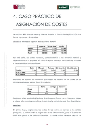15
OriginaldeENyDBUSINESSSCHOOL.Permitidosuusoenprogramasdepostgradoduranteelpresentecurso.
ProhibidasureproduccióntotaloparcialsinlaautorizaciónexpresadeENyDBUSINESSSCHOOL.
4. CASO PRÁCTICO DE
ASIGNACIÓN DE COSTES
La empresa XYZ produce mesas y sillas de madera. El último mes la producción total
fue de 350 mesas y 1.800 sillas.
Los costes directos se reparten de la siguiente manera:
Por otra parte, los costes indirectos, correspondientes a los diferentes talleres y
departamentos de la empresa, así como el reparto de costes de los centros auxiliares
a los principales son los siguientes:
Asimismo, se estiman los siguientes porcentajes de reparto de los costes de los
centros principales a las dos líneas de producto:
Queremos saber, siguiendo el sistema de orden específico de cierre, los costes totales
a asignar a los centros principales y el coste total y unitario de cada línea de producto.
Solución:
En primer lugar, asignaremos los costes de los centros de servicio a los centros
principales. El primer centro a asignar será el de Administración, pues es superior en
todos sus gastos al de Servicios Generales. Es ahora cuando debemos calcular las
Material M. de obra Totales
Mesas 27.000 16.000 43.000
Sillas 34.000 19.000 53.000
Total 61.000 35.000 96.000
Corte Montaje Acabado SS. Generales Administracion
Propios 17.000 19.000 20.500 11.000 12.500
% de SS. Gen. 25 30 30 0 15
% de Admon. 25 30 35 10 0
Corte Montaje Acabado
Mesas 40 45 50
Sillas 60 55 50
Total 100 100 100
 