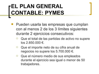 EL PLAN GENERAL CONTABLE: PYMES ,[object Object],[object Object],[object Object],[object Object]
