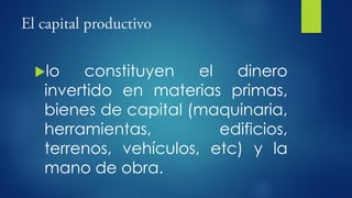 lo constituyen el dinero
invertido en materias primas,
bienes de capital (maquinaria,
herramientas, edificios,
terrenos, vehículos, etc) y la
mano de obra.
 