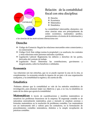 RReellaacciióónn ddee llaa ccoonnttaabbiilliiddaadd
ffiissccaall ccoonn oottrraa ddiisscciipplliinnaa::
 DDeerreecchhoo
 EEccoonnóómmiiccaa
 MMaatteemmááttiiccaa
 EEssttaaddííssttiiccaa..
LLaa ccoonnttaabbiilliiddaadd iinntteerrccaammbbiiaa eelleemmeennttooss ccoonn
oottrraass cciieenncciiaass eessttaass ssoonn pprriinncciippaallmmeennttee ddee
oorrddeenn eeccoonnóómmiiccoo,, mmaatteemmááttiiccoo jjuurrííddiiccoo,,
ppeerrtteenneecciieenntteess aa llaa tteeoorrííaa ddee llaa iinnffoorrmmaacciióónn yy
aa llaass cciieenncciiaass ddee llaass mmoottiivvaacciioonneess iinntteerraacccciioonnaa ccoonn::
DDeerreecchhoo
 CCóóddiiggoo ddee CCoommeerrcciioo:: RReegguullaa llaass rreellaacciioonneess mmeerrccaannttiilleess eennttrree ccoommeerrcciiaanntteess yy
nnoo ccoommeerrcciiaanntteess..
 CCóóddiiggoo CCiivviill:: EEssttee ccóóddiiggoo nnoorrmmaa llaa pprrooppiieeddaadd yy ssuu uussuuffrruuccttoo,, llooss ccoonnttrraattooss
yy oottrraass rreellaacciioonneess eennttrree ppeerrssoonnaass nnaattuurraalleess oo jjuurrííddiiccaass..
 LLeeggiissllaacciióónn LLaabboorraall:: RReeggllaammeennttaa llooss ddeebbeerreess yy ddeerreecchhooss ddee llaass ppaarrtteess,,
ddeerriivvaaddooss ddeell ccoonnttrraattoo ddee ttrraabbaajjoo..
 LLeeggiissllaacciióónn FFiissccaall:: DDeetteerrmmiinnaa llaass ccoonnttrriibbuucciioonneess,, ggrraavváámmeenneess yy
ddeessggrráávvaammeelleess,, ssoobbrree llooss bbeenneeffiicciiooss oo uuttiilliiddaaddeess..
EEccoonnoommííaa
LLaass rreellaacciioonneess ssoonn ttaann eessttrreecchhaass,, qquuee nnoo ssee ppuueeddee ssuuppoonneerr llaa uunnaa ssiinn llaa oottrraa,, ssee
ccoommpplleemmeennttaann.. LLaa eeccoonnoommííaa eessttuuddiiaa llaa rriiqquueezzaa ddee uunn ppaaííss oo ddee uunnaa oorrggaanniizzaacciióónn
ccuuaallqquuiieerraa,, yy llaa ccoonnttaabbiilliiddaadd llaa rreeggiissttrraa yy ddaa ccuueennttaa ddee eellllaa..
EEssttaaddííssttiiccaa
PPooddeemmooss aaffiirrmmaarr qquuee llaa ccoonnttaabbiilliiddaadd ssee vvaallee ddee llooss mmééttooddooss eessttaaddííssttiiccooss ddee
iinnvveessttiiggaacciióónn,, ppaarraa aallccaannzzaarr mmeejjoorr ssuuss oobbjjeettiivvooss;; yy qquuee,, aa ssuu vveezz,, llaa eessttaaddííssttiiccaa ssee
nnuuttrree ddee llooss ddaattooss qquuee aappoorrttaa llaa ccoonnttaabbiilliiddaadd..
MMaatteemmááttiiccaass AA ttrraavvééss ddee ccuuaannttiiffiiccaacciioonneess yy mmooddeellooss mmaatteemmááttiiccooss ssee
rreessuueellvveenn llooss pprroobblleemmaass ffiinnaanncciieerrooss ddee llaa eemmpprreessaa.. EEll eennggrraannaajjee ccoonnttaabbllee eess ddee
nnaattuurraalleezzaa eesseenncciiaallmmeennttee mmaatteemmááttiiccaa,, ppuueess aa mmeennuuddoo ssee eemmpplleeaann aaxxiioommaass yy
ffoorrmmuullaass mmaatteemmááttiiccaass eenn llaa rreessoolluucciióónn ddee pprroobblleemmaass ccoonnttaabblleess.. LLaass mmaatteemmááttiiccaass
ssoonn uunn iinnssttrruummeennttoo úúttiill yy vvaalliioossoo ppaarraa llooss ccoonnttaaddoorreess,, eenn llaa ffoorrmmuullaacciióónn ddee
pprroocceeddiimmiieennttooss ccoonnttaabblleess ssiisstteemmááttiiccooss,, ddiissttiinnttooss aa llaa ssiimmppllee rreeccooppiillaacciióónn ddee
pprrááccttiiccaass ccoonnttaabblleess..
 