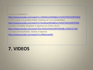 7. VIDEOS
¿Qué es un balance?
http://www.youtube.com/watch?v=1OhWZuUVhDk&list=PLED37DD5259FEFDEA
El libro mayor y la partida doble. Cuentas en T en contabilidad.
http://www.youtube.com/watch?v=I5coDooCMhA&list=PLED37DD5259FEFDEA
Asientos Contables de gastos e ingresos en el libro diario
http://www.youtube.com/watch?list=PLED37DD5259FEFDEA&v=DSZG7O-sfjU
La cuenta de resultados . Gastos e Ingresos
http://www.youtube.com/watch?v=cWNoUze4ZCI
 