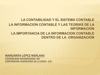 LA CONTABILIDAD Y EL SISTEMA CONTABLE
   LA INFORMACION CONTABLE Y LAS TEORIAS DE LA
                                    INFORMACION
    LA IMPORTANCIA DE LA INFORMACION CONTABLE
                    DENTRO DE LA ORGANIZACION




MARGARITA LÓPEZ MERLANO
CONTABILIDAD SISTEMATIZADA I BN
CORPORACION UIVERSITARIA DE LA COSTA - CUC
 