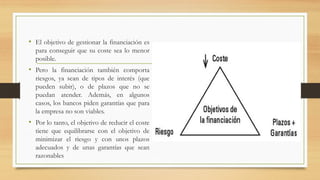• El objetivo de gestionar la financiación es
para conseguir que su coste sea lo menor
posible.
• Pero la financiación también comporta
riesgos, ya sean de tipos de interés (que
pueden subir), o de plazos que no se
puedan atender. Además, en algunos
casos, los bancos piden garantías que para
la empresa no son viables.
• Por lo tanto, el objetivo de reducir el coste
tiene que equilibrarse con el objetivo de
minimizar el riesgo y con unos plazos
adecuados y de unas garantías que sean
razonables
 
