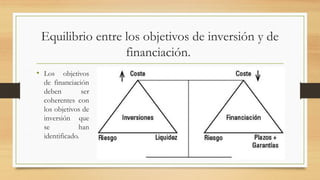 Equilibrio entre los objetivos de inversión y de
financiación.
• Los objetivos
de financiación
deben ser
coherentes con
los objetivos de
inversión que
se han
identificado.
 