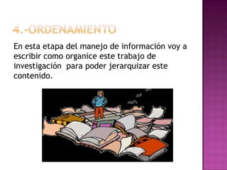 En esta etapa del manejo de información voy a
escribir como organice este trabajo de
investigación para poder jerarquizar este
contenido.
 