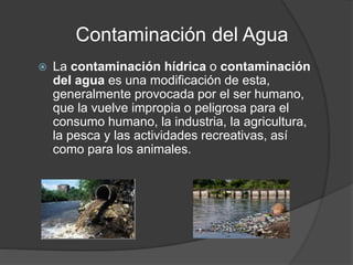 Contaminación del Agua
 La contaminación hídrica o contaminación
del agua es una modificación de esta,
generalmente provocada por el ser humano,
que la vuelve impropia o peligrosa para el
consumo humano, la industria, la agricultura,
la pesca y las actividades recreativas, así
como para los animales.
 