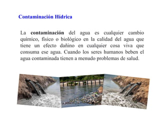 Contaminación Hídrica
La contaminación del agua es cualquier cambio
químico, físico o biológico en la calidad del agua que
tiene un efecto dañino en cualquier cosa viva que
consuma ese agua. Cuando los seres humanos beben el
agua contaminada tienen a menudo problemas de salud.
 