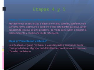 Etapa 4:" Elaboración del Material Informativo"
Procederemos en esta etapa a elaborar murales, carteles, panfletos y de
la misma forma distribuirle a cada uno de los estudiantes para que vayan
conociendo lo grave de este problema, de modo que ayuden a mejorar al
mantenimiento y condiciones de la naturaleza.
Etapa 5: "Presentación y Difusión"
En esta etapa, el grupo mostrara, a los oyentes de la exposición que le
correspondió hacer al grupo, qué dificultades encontraron en el camino y
cómo las resolvieron.
Etapas 4 y 5
 