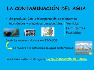 LA CONTAMINACIÓN DEL AGUA 
• Se produce: Con la incorporación de elementos 
inorgánicos y orgánicos perjudiciales. Vertidos 
Fertilizantes 
Pesticidas 
Donde los recursos hídricos son ESCASOS 
Se recurre a la extracción de aguas subterráneas. 
En las zonas costeras, da lugar a LA SALINIZACIÓN DEL AGUA 
 