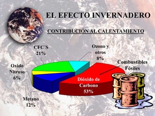 EL EFECTO INVERNADERO
Metano
12%
Oxido
Nitroso
6%
Ozono y
otros
8%
CFC´S
21%
Dióxido de
Carbono
53%
Combustibles
Fósiles
CONTRIBUCIÓN AL CALENTAMIENTO
 