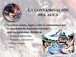 • Nuestros mares, lagos y ríos se contaminan por
la aparición de materias extrañas y
microorganismos, debido a:
– Residuos industriales
– Productos radioactivos
– Mareas negras
– Etc…
LA CONTAMINACIÓN
DEL AGUA
 