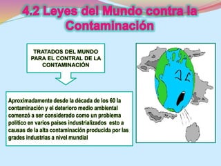 TRATADOS DEL MUNDO 
PARA EL CONTRAL DE LA 
CONTAMINACIÓN 
Aproximadamente desde la década de los 60 la 
contaminación y el deterioro medio ambiental 
comenzó a ser considerado como un problema 
político en varios países industrializados esto a 
causas de la alta contaminación producida por las 
grades industrias a nivel mundial 
 