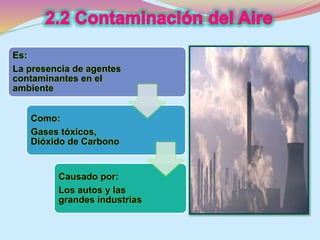 Es: 
La presencia de agentes 
contaminantes en el 
ambiente 
Como: 
Gases tóxicos, 
Dióxido de Carbono 
Causado por: 
Los autos y las 
grandes industrias 
 