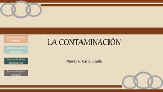 LA CONTAMINACIÓN
Nombre: Carla Jurado
Contaminación
Hídrica
Contaminación
del suelo
Contaminación
atmosférica
Contaminación
lumínica
 