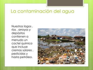 La contaminación del agua
Nuestros lagos ,
ríos , arroyos y
depósitos
contienen a
menudo un
coctel químico
que incluye
cremas solares ,
pesticidas y
hasta petróleo.
 